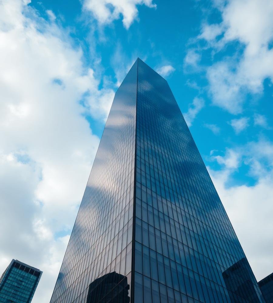 Edifício corporativo de vidro visto de baixo