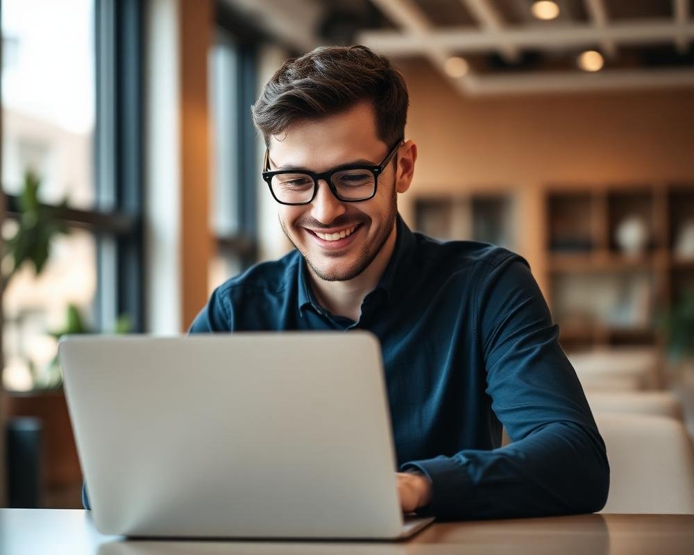 Profissional sorrindo enquanto usa o sistema em um notebook